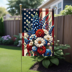 Starlit Patio Saoplasa floral flag against USA backdrop, ideal for garden visibility from both sides.
