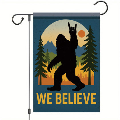 Starlit Patio We Believe Bigfoot flag with sasquatch silhouette for outdoor fun