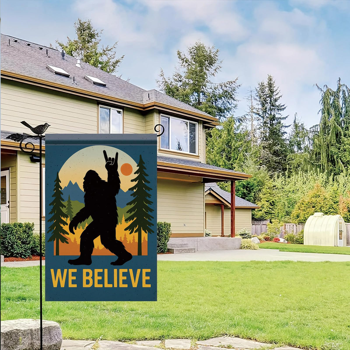 Starlit Patio We Believe flag with sunset forest backdrop for dramatic display