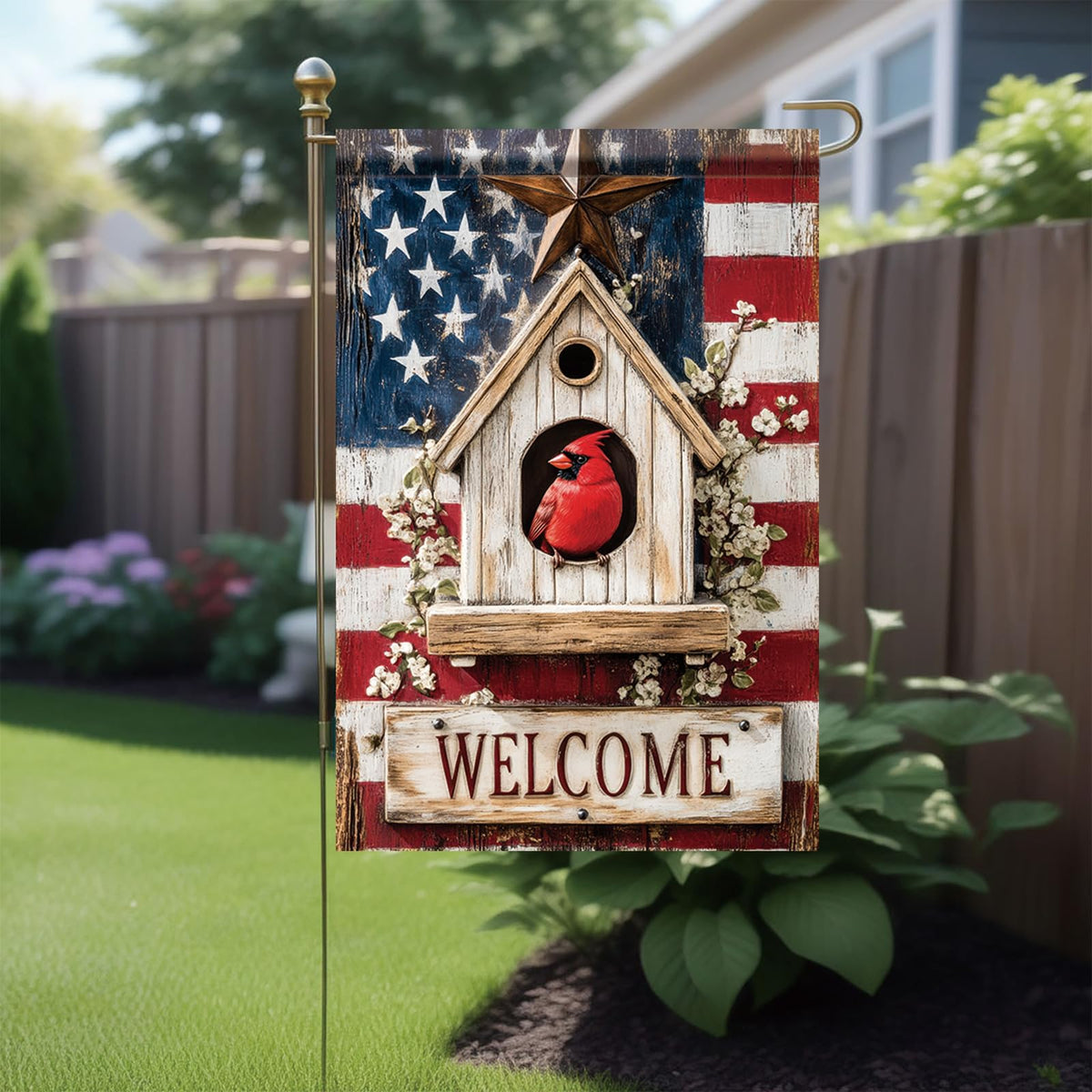 Starlit Patio welcome sign garden flag invites guests to enjoy your space.