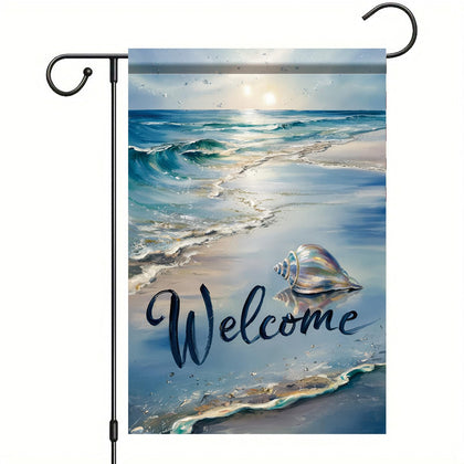 Starlit Patio welcome summer coastal flag with seashells; ideal for porch display.