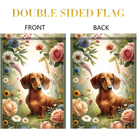 Starlit Patio 12x18 yard flag greets visitors with cheerful daisies and a wagging friend.