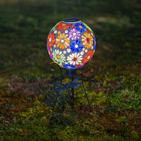 Starsoul mosaic gazing ball closeup of blooming flower motifs.