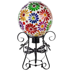 Starsoul Solar Gazing Ball 10-inch mosaic flowers glows softly at night.