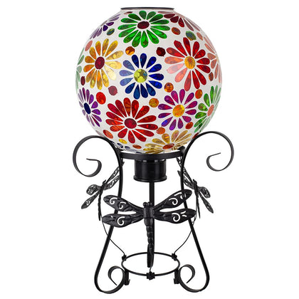 Starsoul Solar Gazing Ball 10-inch mosaic flowers glows softly at night.