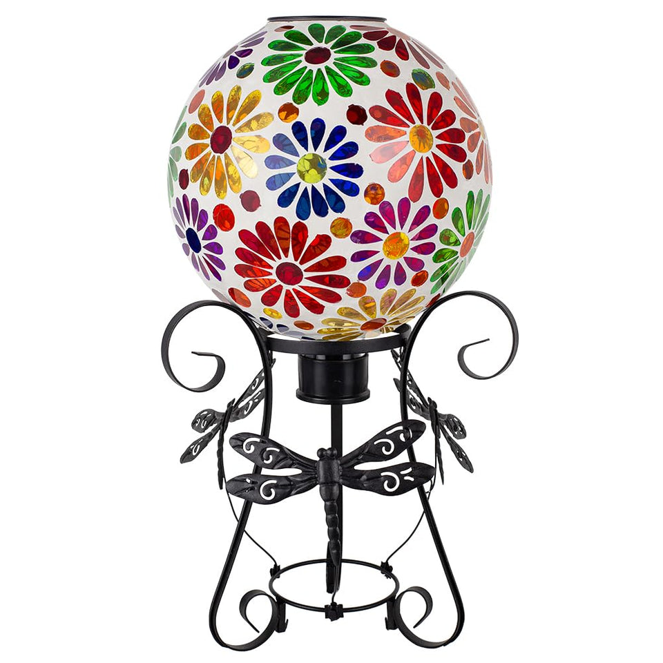 Starsoul Solar Gazing Ball 10-inch mosaic flowers glows softly at night.