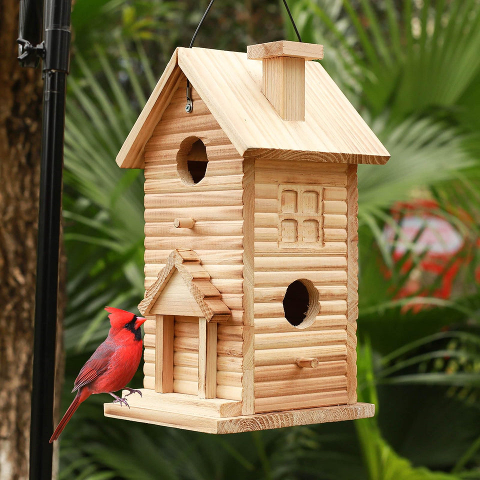 STARSWR bird house two-hole blue wooden design attracts small birds for safe nesting.