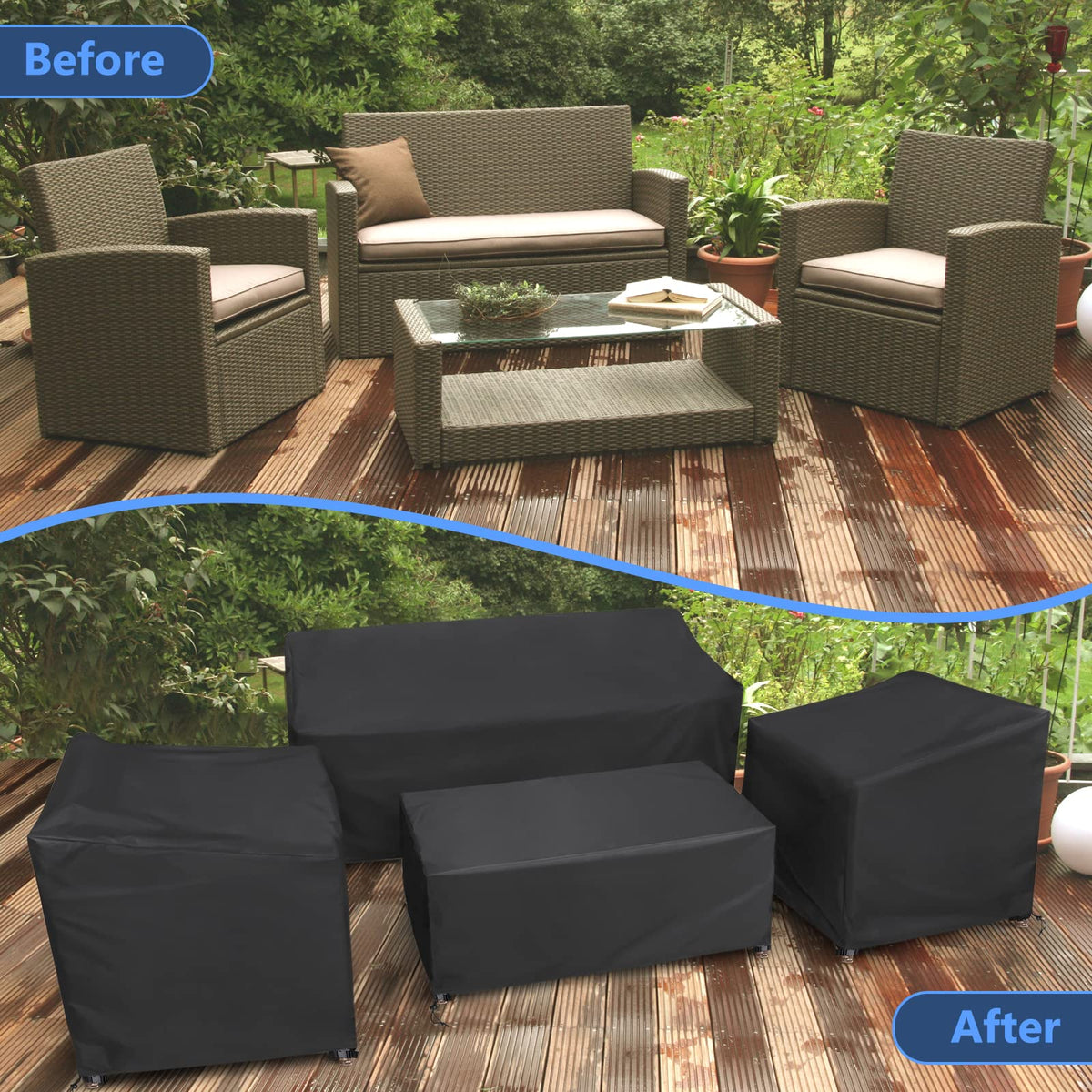 STARTWO covers over loveseat, chairs, and coffee table on patio