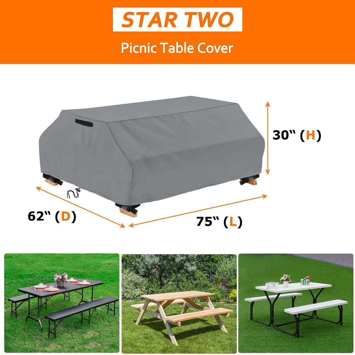 STARTWO windproof bench cover secured with straps on a patio