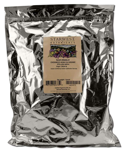Starwest Botanicals Chickweed Herb C/S Organic, front view, ideal for culinary blends.