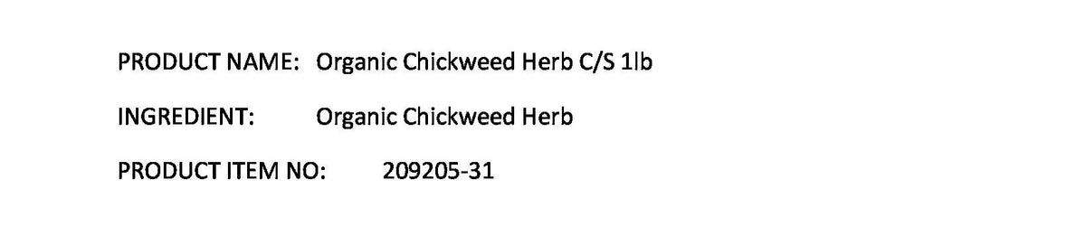 Starwest Botanicals Chickweed Herb C/S Organic, packaging closeup, great for teas and cooking.