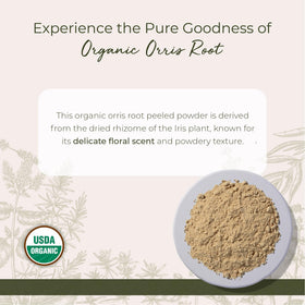 Starwest orris root peeled powder close-up highlights violet-like aroma for crafts and blends.