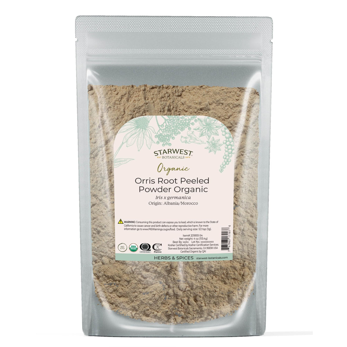 Starwest Botanicals orris root peeled powder bag displays its fragrant floral scent for potpourri.
