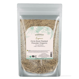 Starwest Botanicals orris root peeled powder bag displays its fragrant floral scent for potpourri.