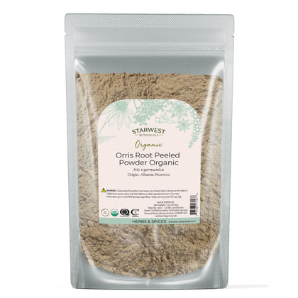Starwest Botanicals orris root peeled powder bag displays its fragrant floral scent for potpourri.