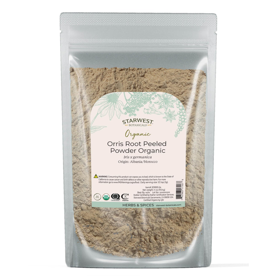 Starwest Botanicals orris root peeled powder bag displays its fragrant floral scent for potpourri.