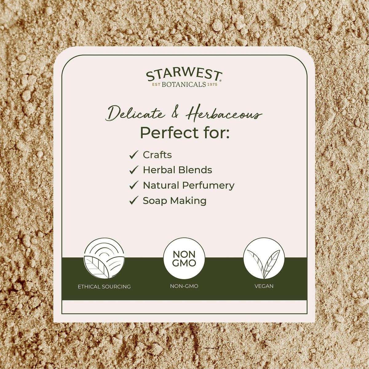 Organic certification label on the orris root peeled powder package signals purity and sustainable sourcing.
