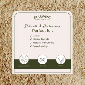 Organic certification label on the orris root peeled powder package signals purity and sustainable sourcing.