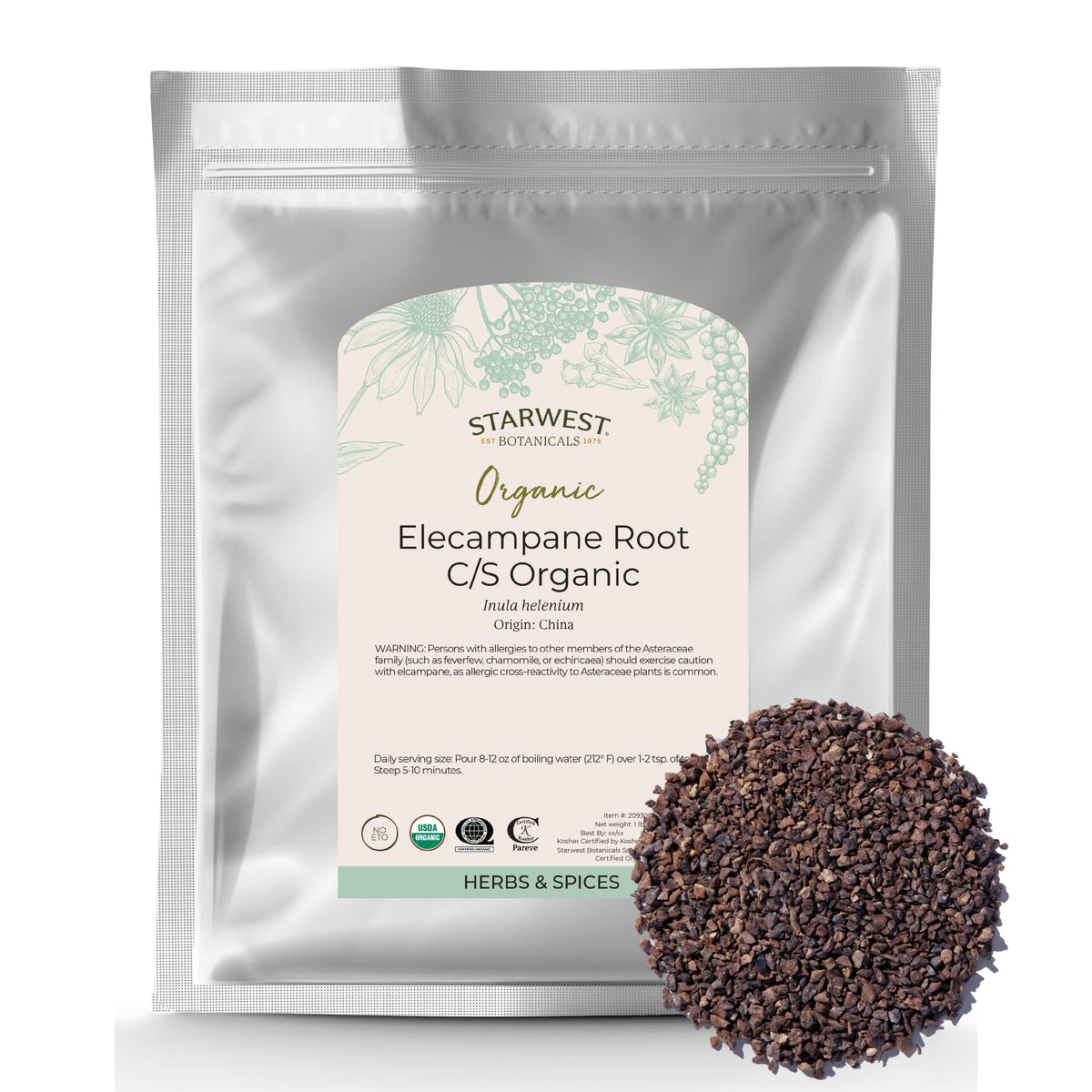 Starwest Elecampane Root dried loose herb for rich tea and broths.