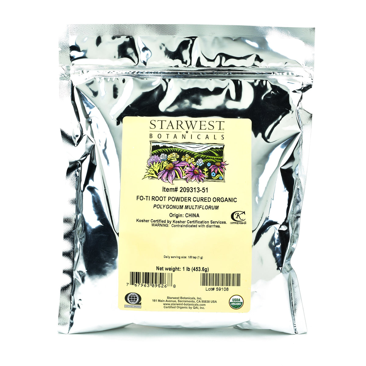 Starwest Fo-Ti organic root powder bulk bag for smoothies and herbal blends.