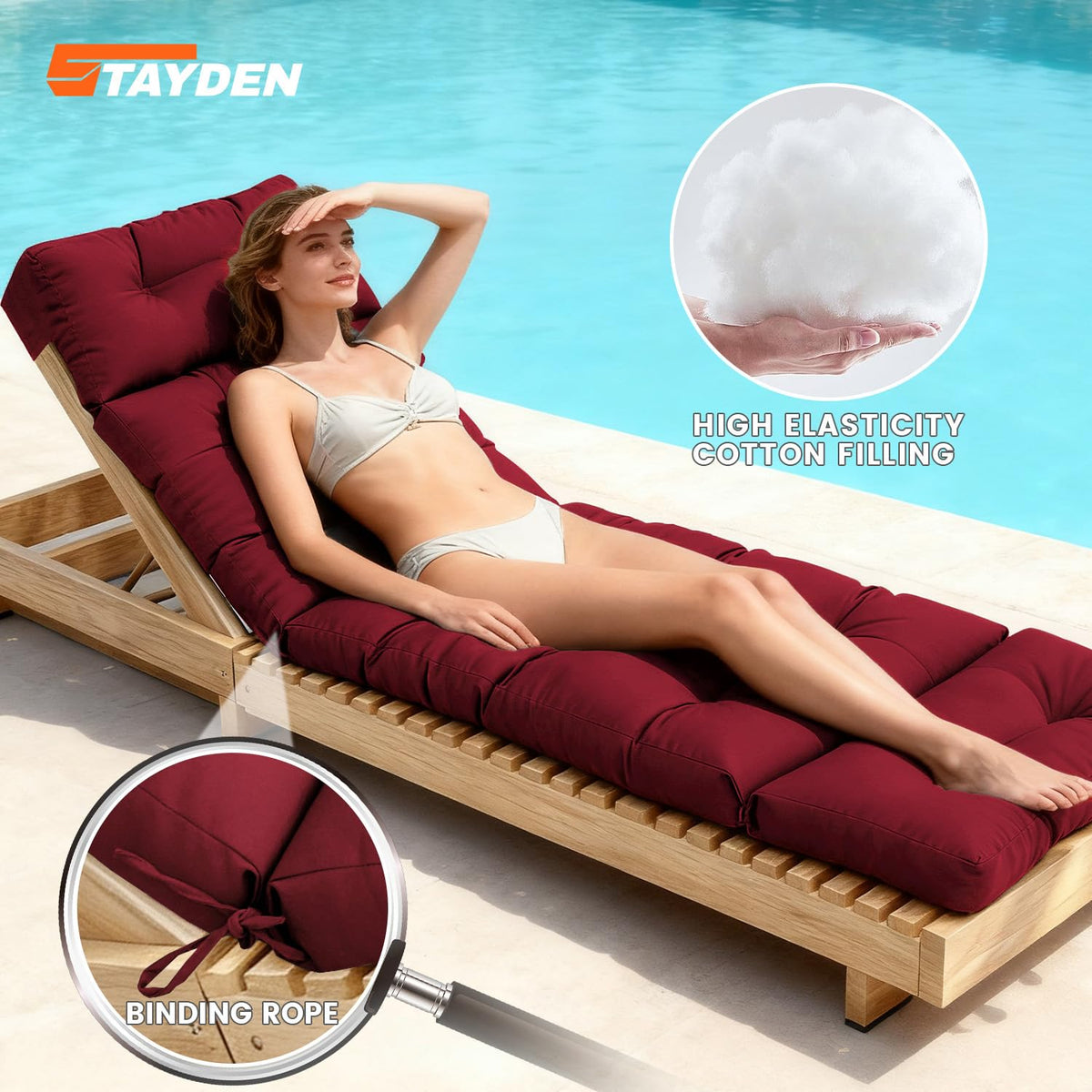 STAYDEN red cushion with waterproof fabric for poolside comfort and easy cleaning