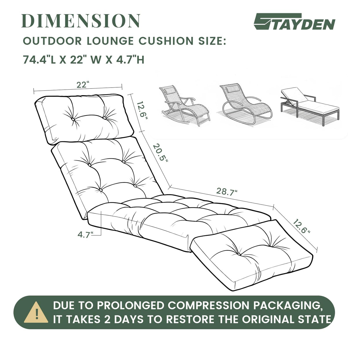 Stayden cushion packaging image shows vacuum packaging and expansion after unboxing.
