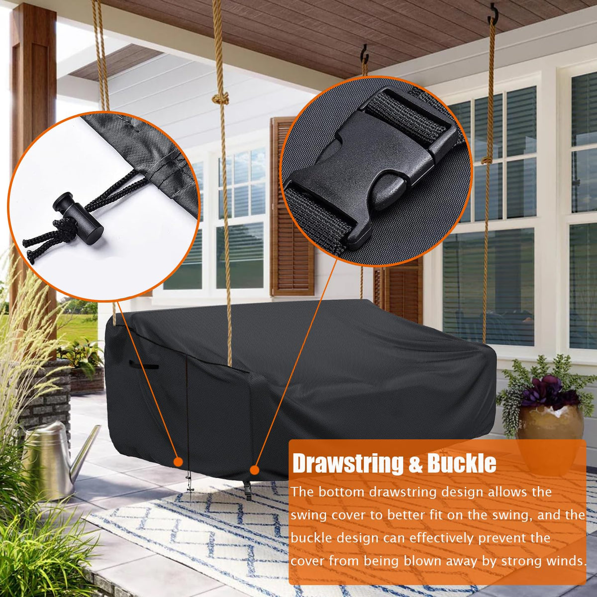 Stayden porch swing cover with waterproof strips withstands rain and dust.