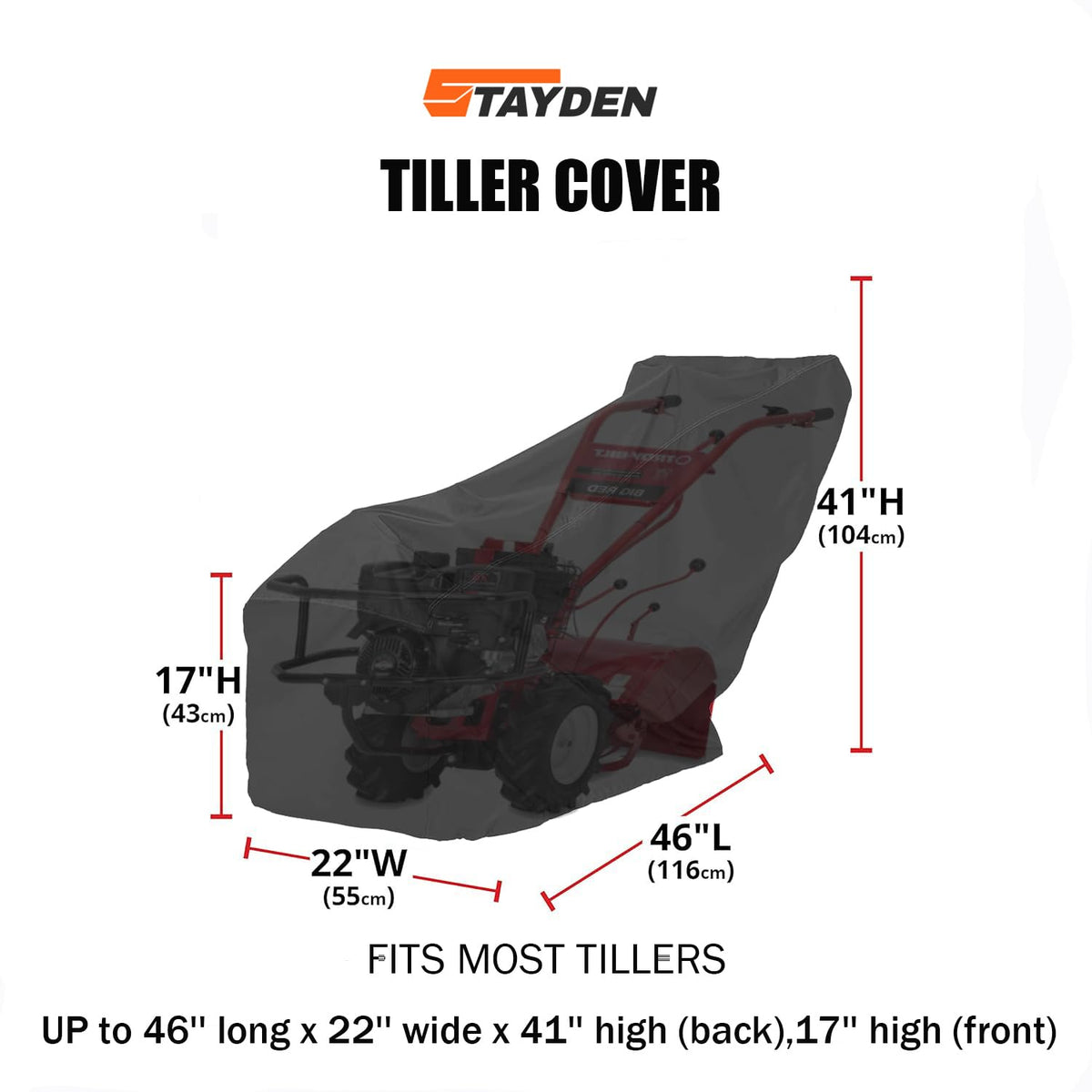 Stayden rototiller cover with back buckle secures the unit against strong winds.