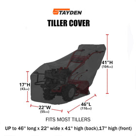 Stayden rototiller cover with back buckle secures the unit against strong winds.