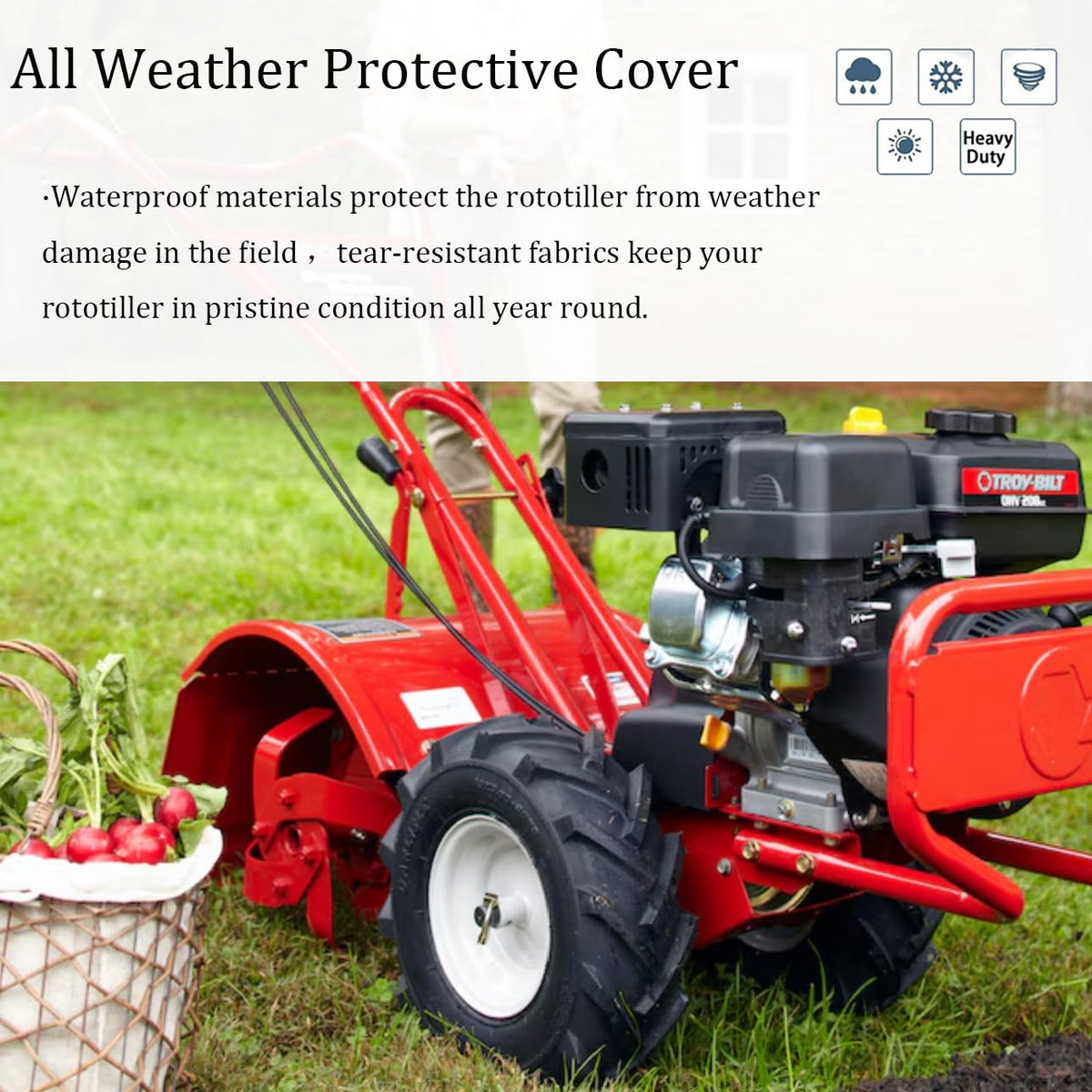 Stayden rototiller cover fits up to 46 inches long for universal compatibility.