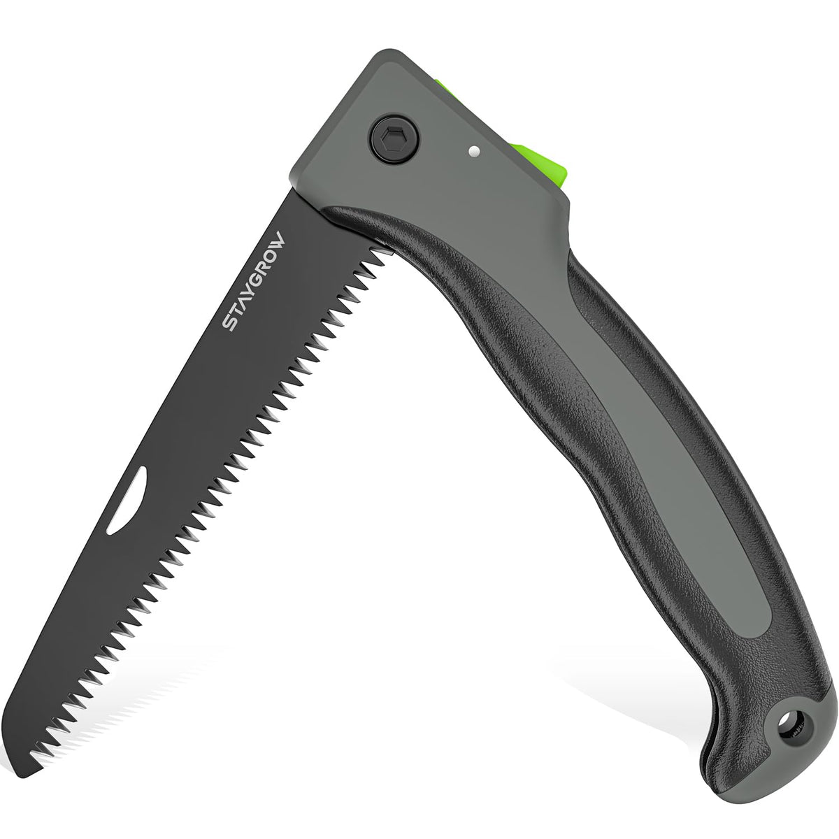 StayGROW 7-inch folding saw with hardened SK5 blade for clean wood cuts.