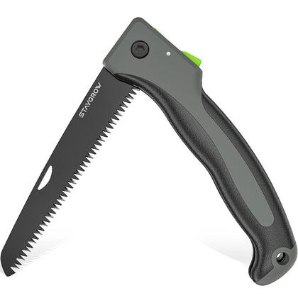 StayGROW 7-inch folding saw with hardened SK5 blade for clean wood cuts.