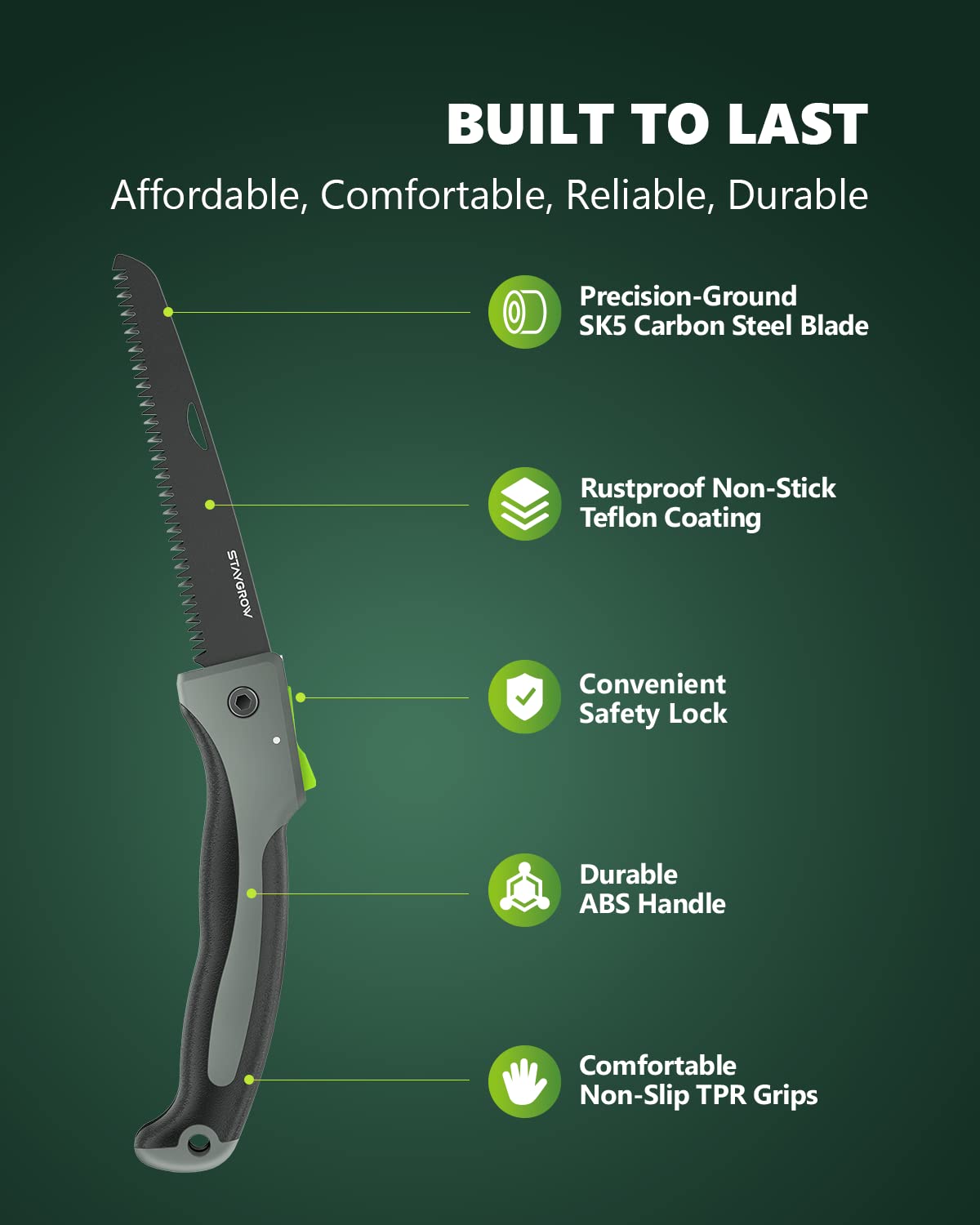 StayGROW compact folding saw in hand, pocket-ready for on-the-go gardening.