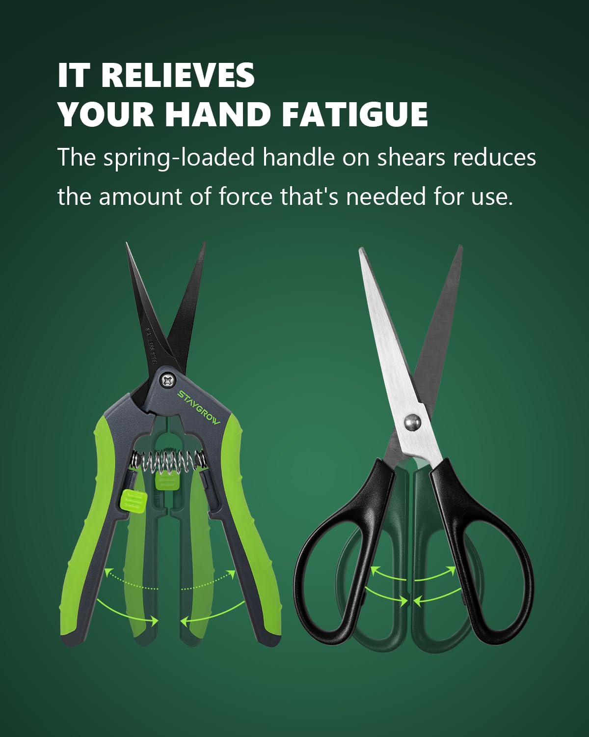 STAYGROW curved-blade pruning shears close-up showing sharp edge for clean cuts.
