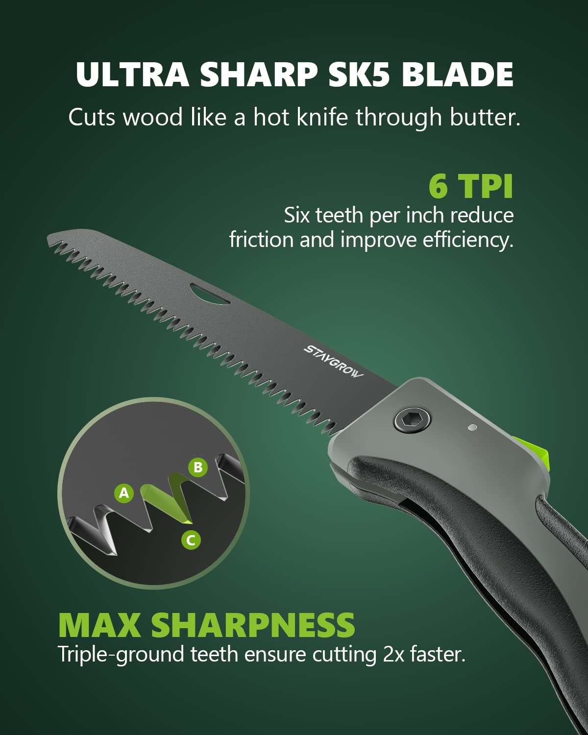 StayGROW folding saw showing safety lock for secure storage and safe operation.