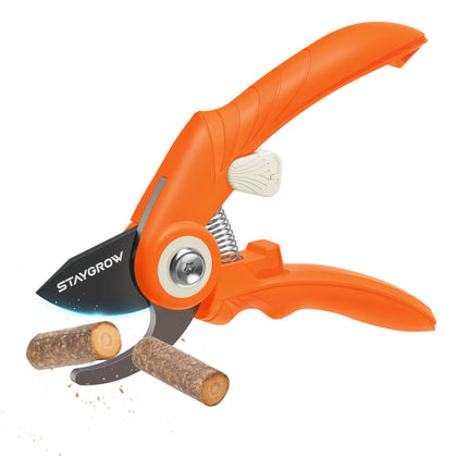 STAYGROW pruning shears blade close-up highlights a sharp SK5 blade for clean cuts.