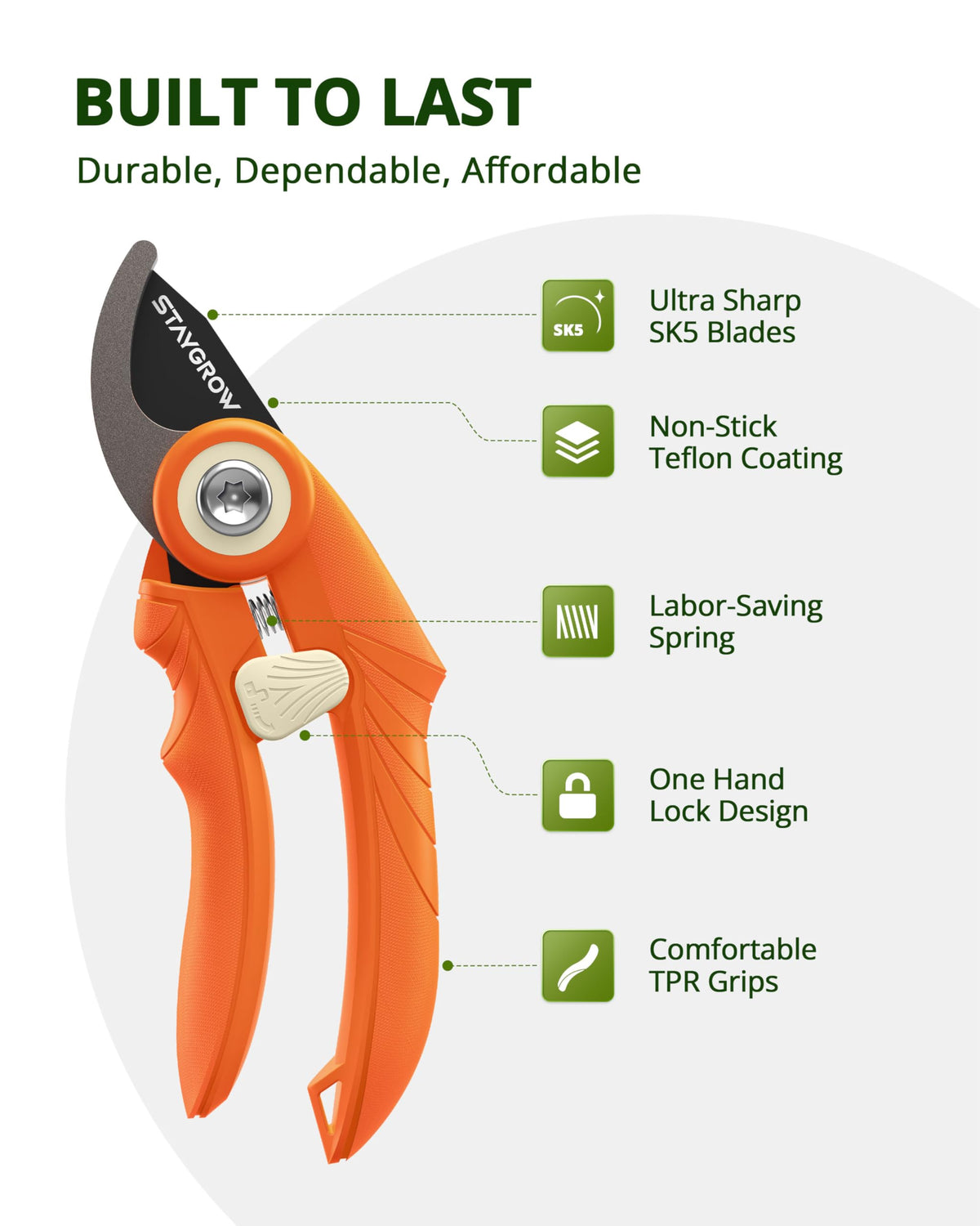 STAYGROW pruning shears ergonomic handle for comfortable pruning sessions.