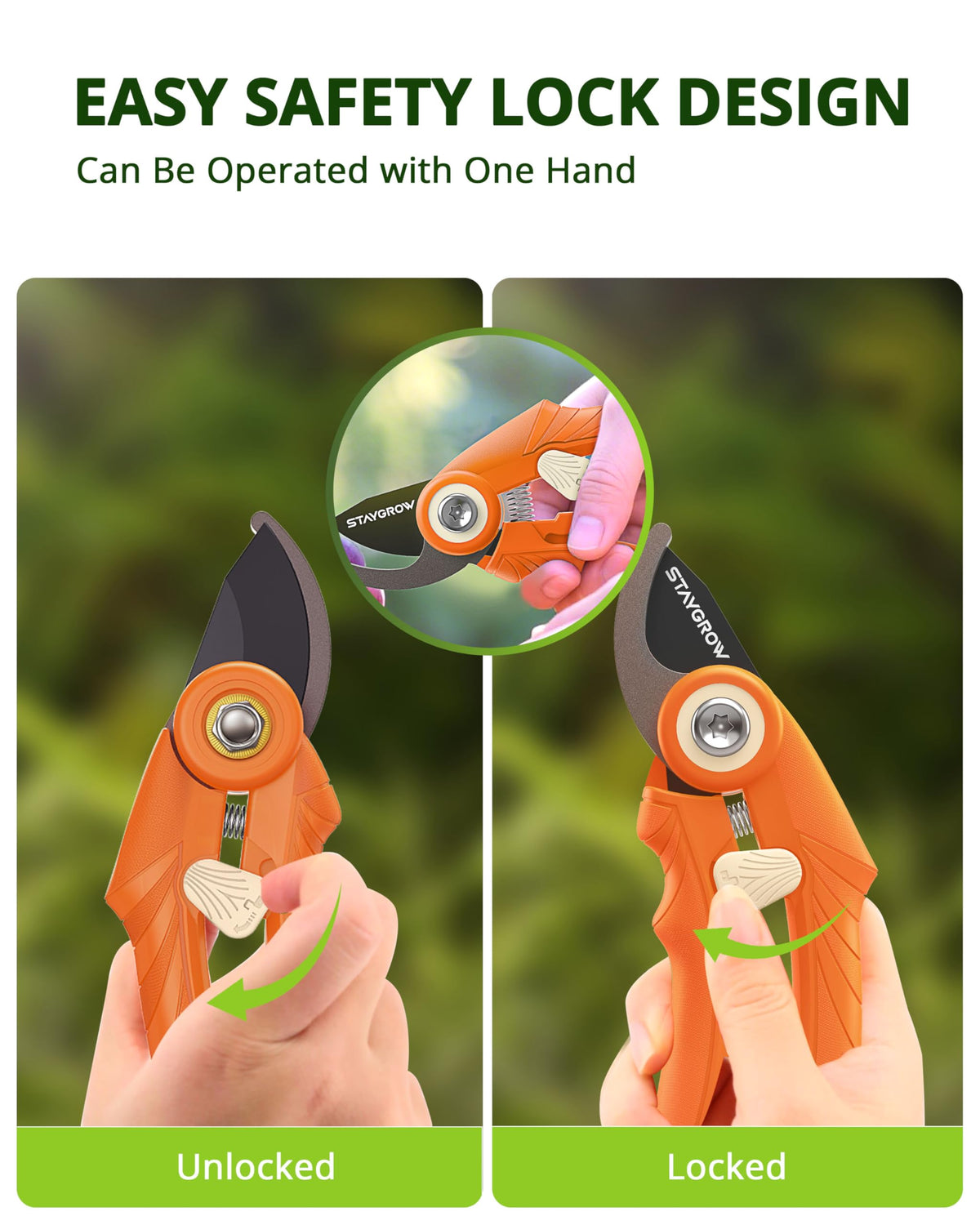 STAYGROW rust-resistant blade supports durable garden trimming performance.