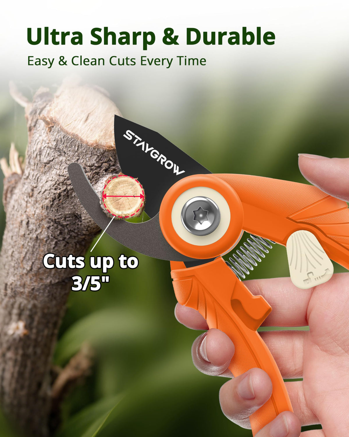 STAYGROW pruning shears safety lock keeps blades secured when not in use.