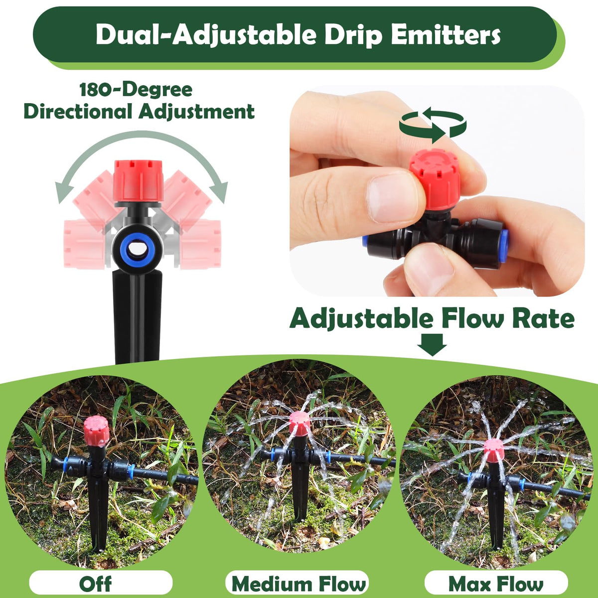 Staypot adjustable spray emitter showing 0 to 10 feet reach for beds.