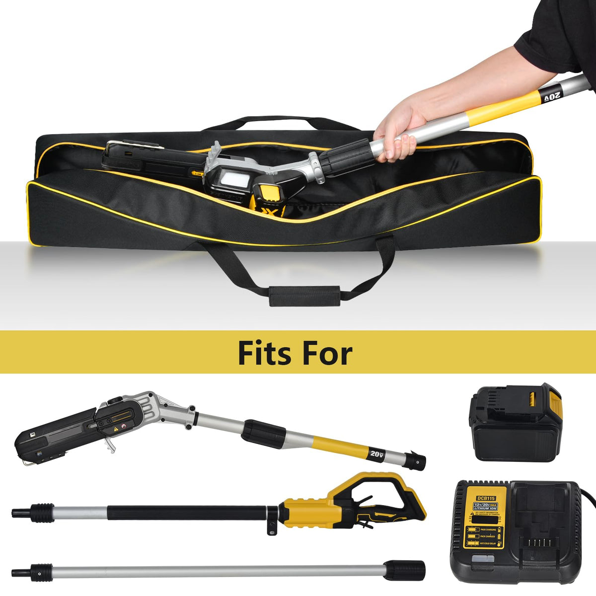 Steadtep pole saw bag for Greenworks showing organized pockets for batteries and chargers