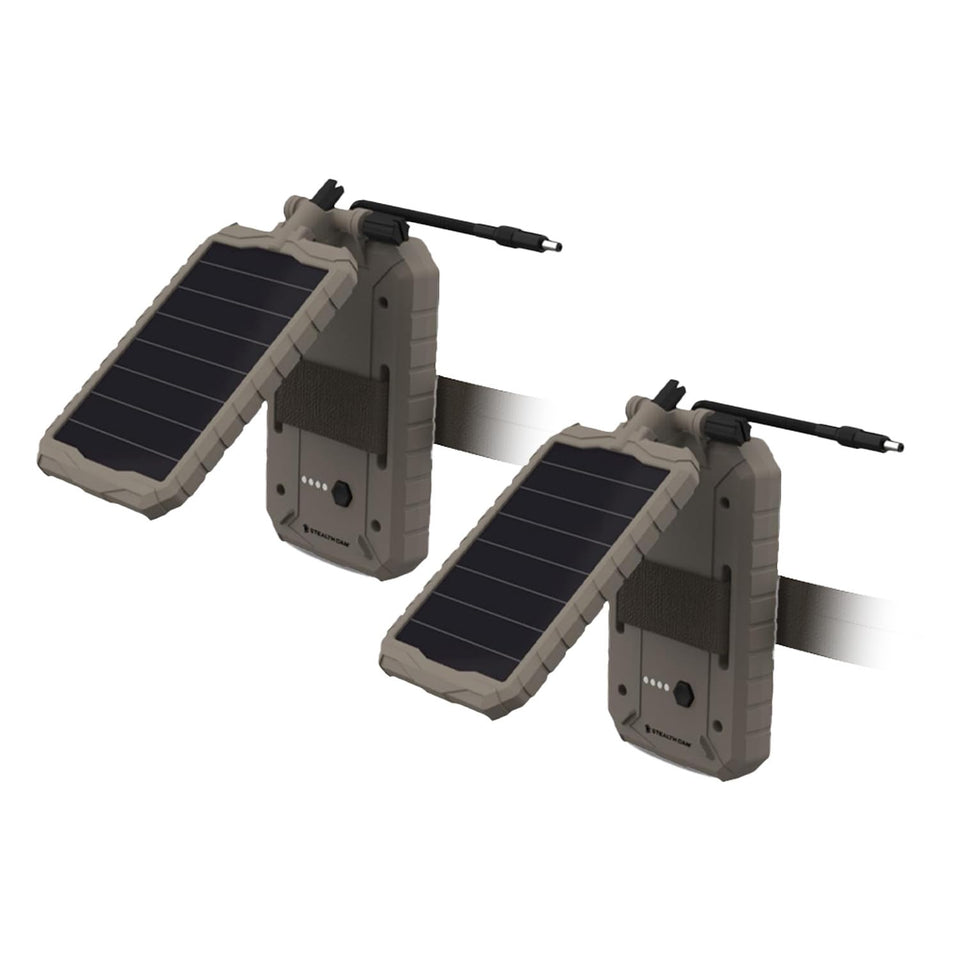 Stealth Cam Sol-Pak solar panel with 3000mAh battery powering a trail camera in low light