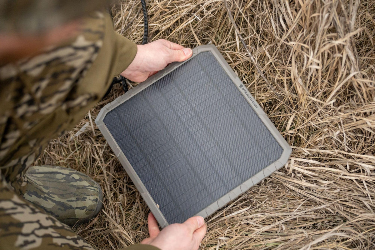 Stealth Cam Solar Panel in use with trail camera for reliable power.