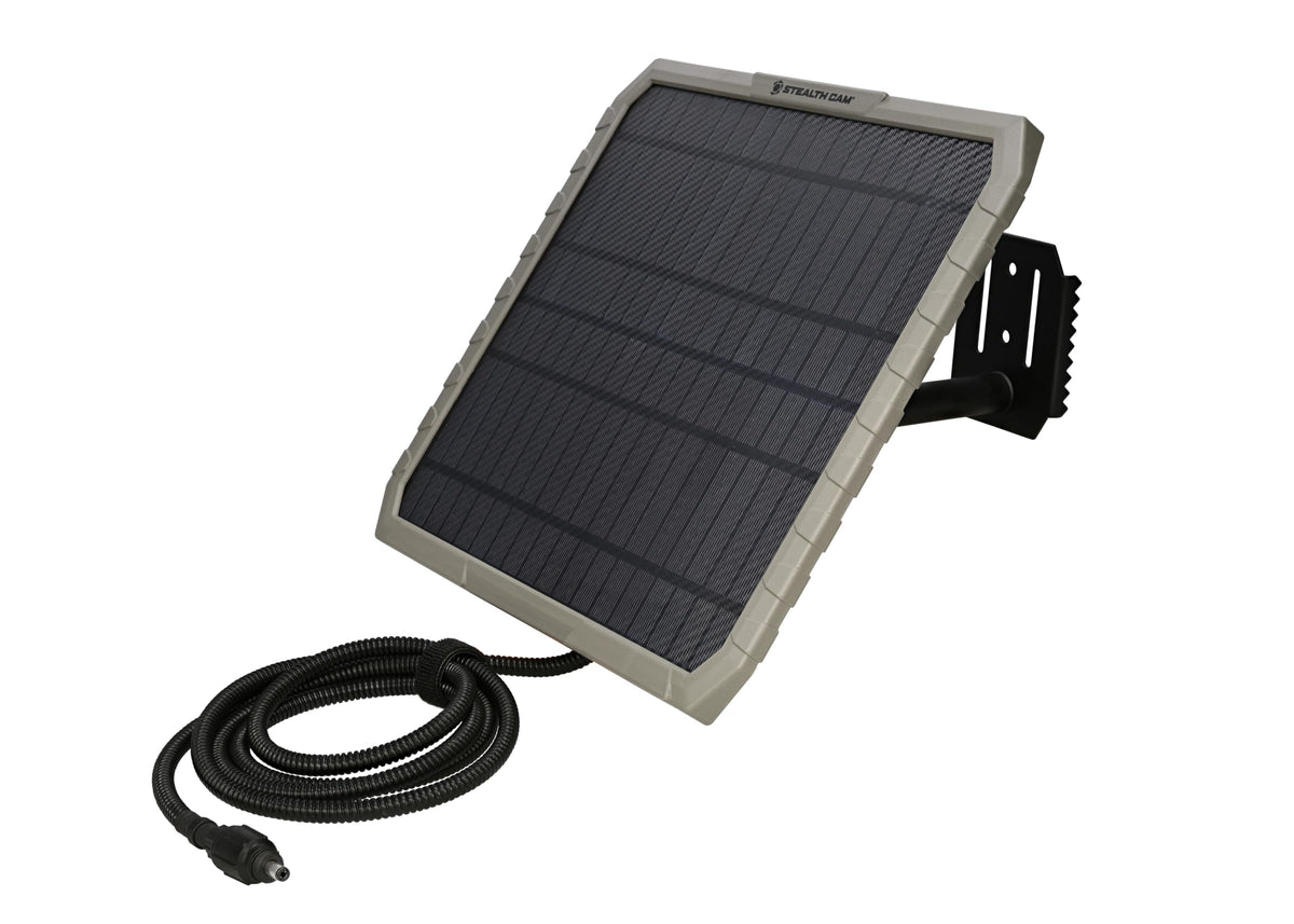 Stealth Cam Solar Panel side view highlighting compact design for field use.