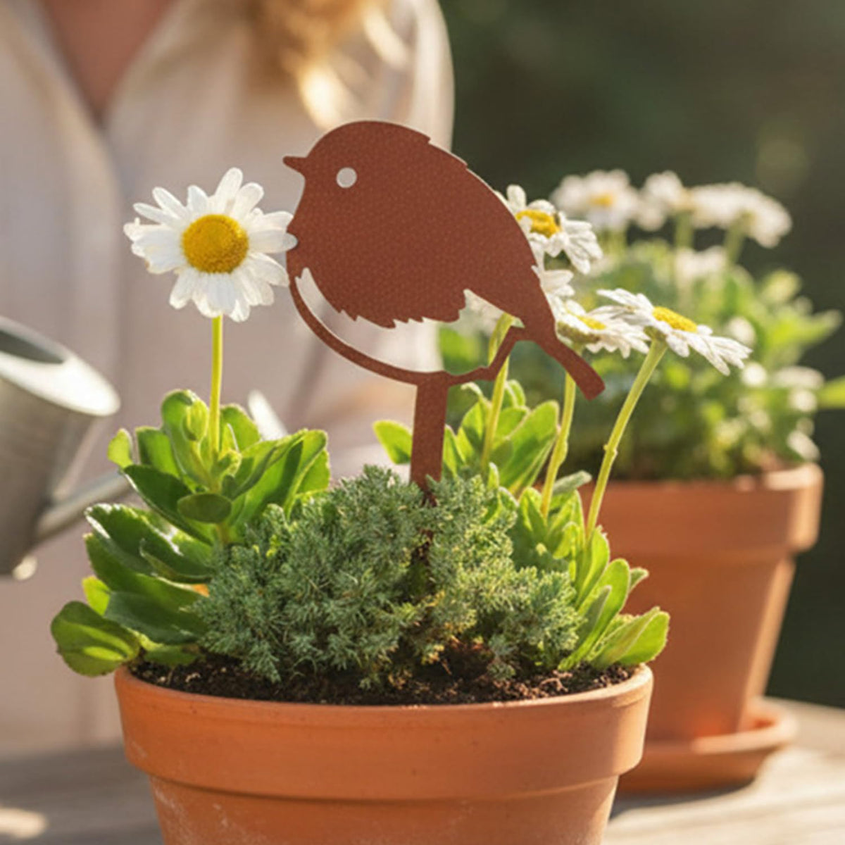 Indoor-outdoor stake complements various pot styles.