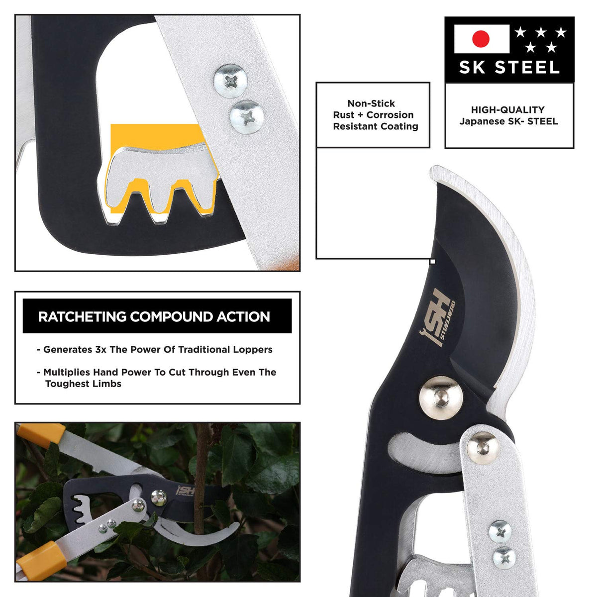 STEELHEAD high-carbon steel blades resist sap and debris