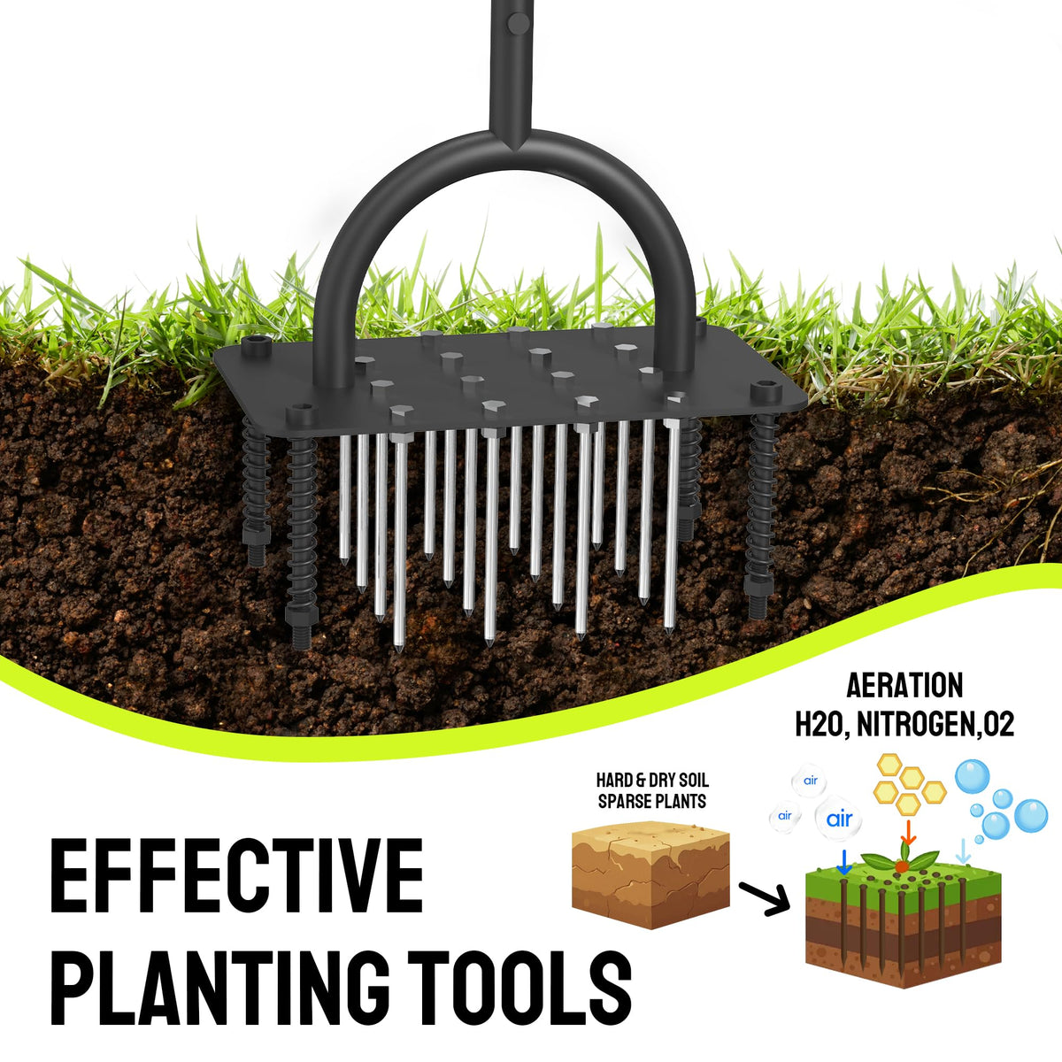 Steelite lawn aerator loosens soil and thatch to improve root access.