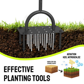 Steelite lawn aerator loosens soil and thatch to improve root access.