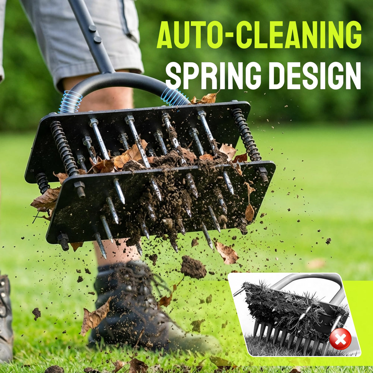 Steelite lawn aerator self-cleaning mechanism in action reduces manual debris cleanup.