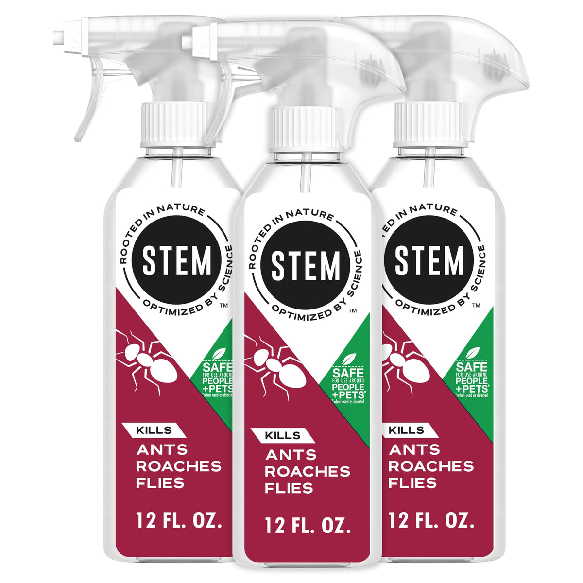STEM bug spray three-pack kills ants, roaches and flies for indoor and outdoor use.